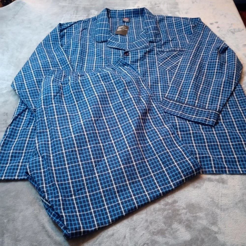 Hanes Mens Sleepwear 4XL Blue Plaid Woven Pajama Set Long Sleeve Shirt Pants NEW
